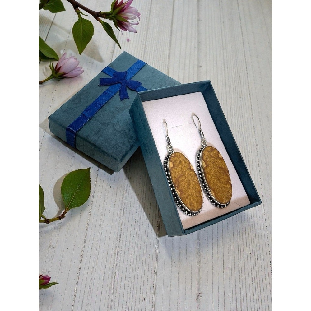 Boho Handmade Psilomelane Dendritic Stone Earrings 925 Sterling Silver‎ Oval